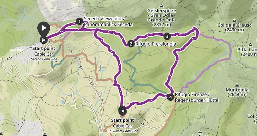 Seceda ridgeline trail running route