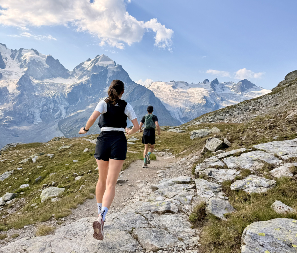 Roseg Gletscher Michael + Nicole Running With Glacier Behind