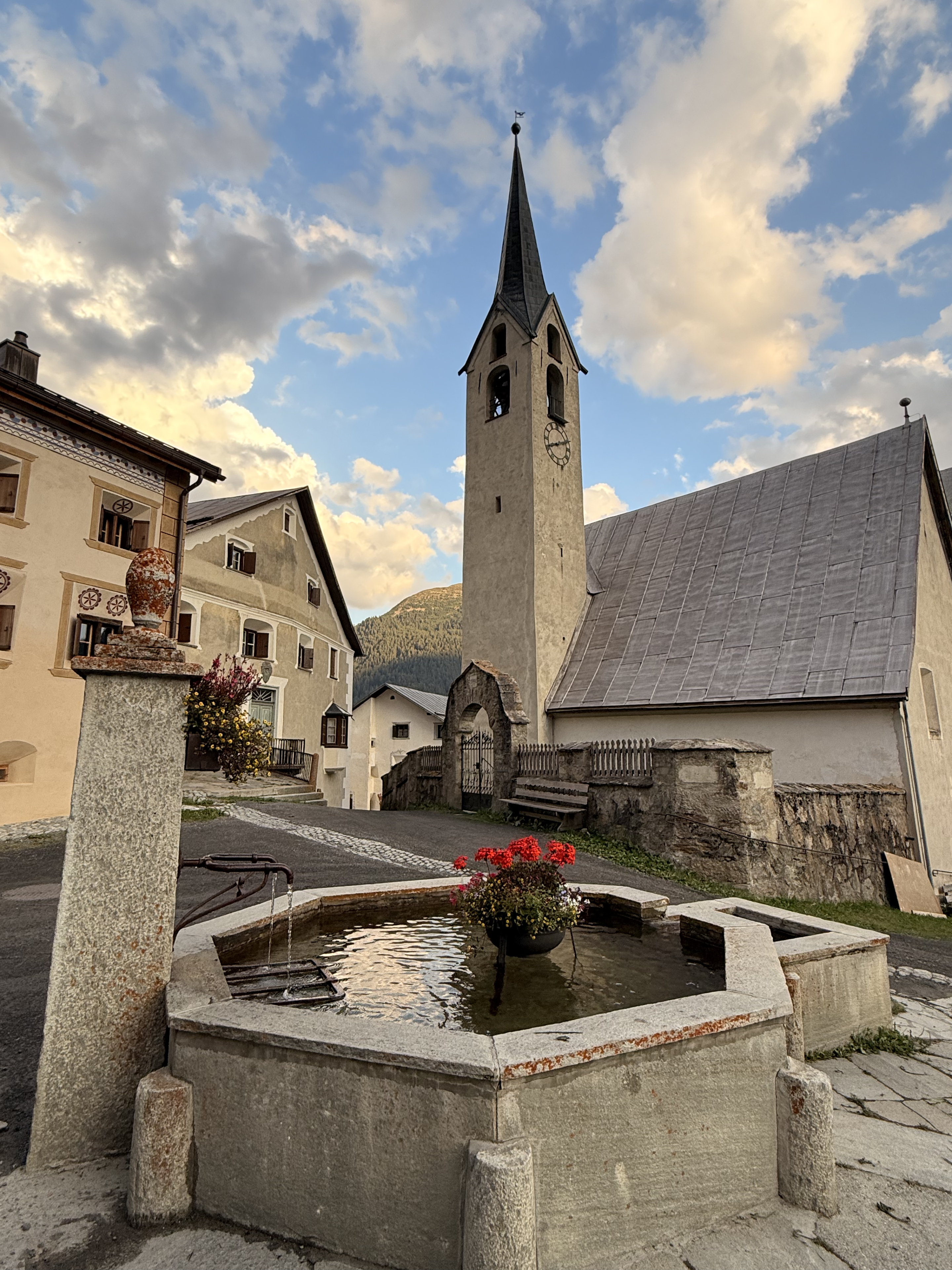 Guarda village church and fountain